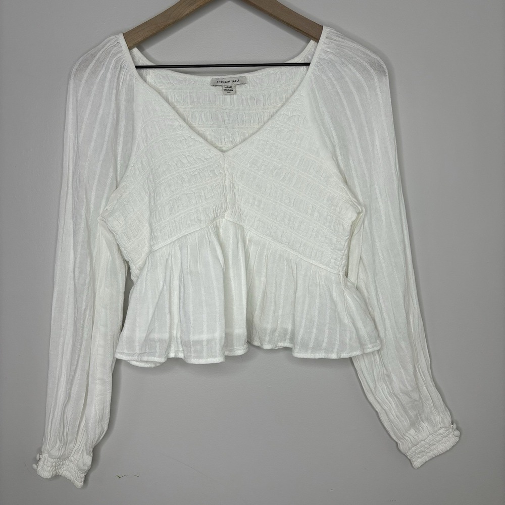 American Eagle Babydoll Top Medium White Peasant Cottagecore Milkmaid Fairy Boho